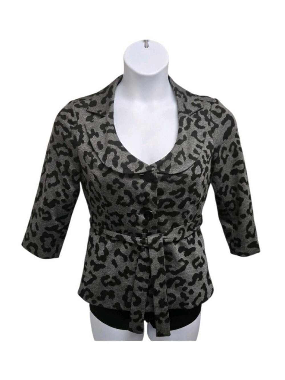 Sandro Tie Waist Blazer Womens Size Small Gray Animal Print 3/4 Sleeve Classic
